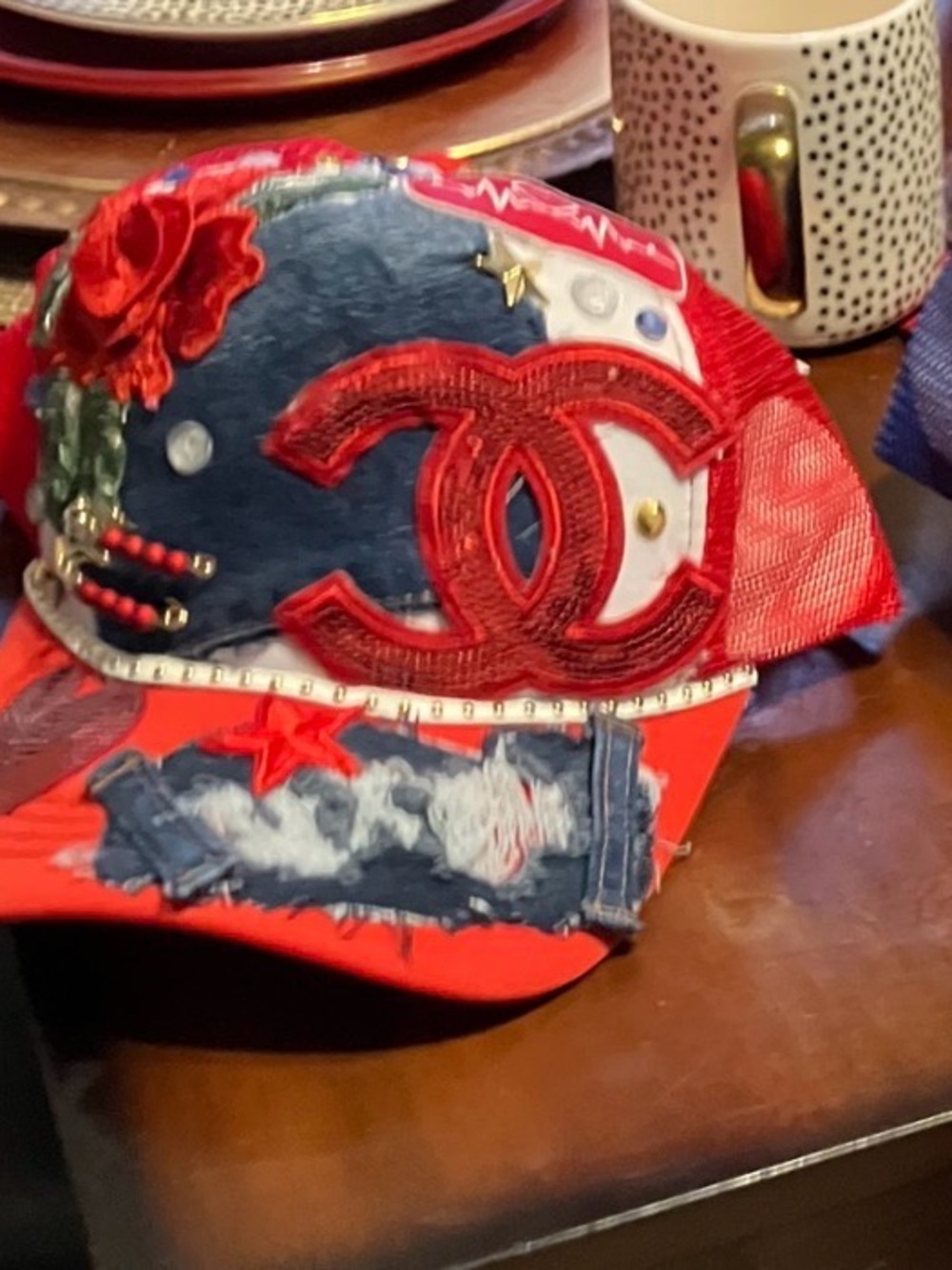 Red Embellished Mesh Trucker Cap with Denim Accents